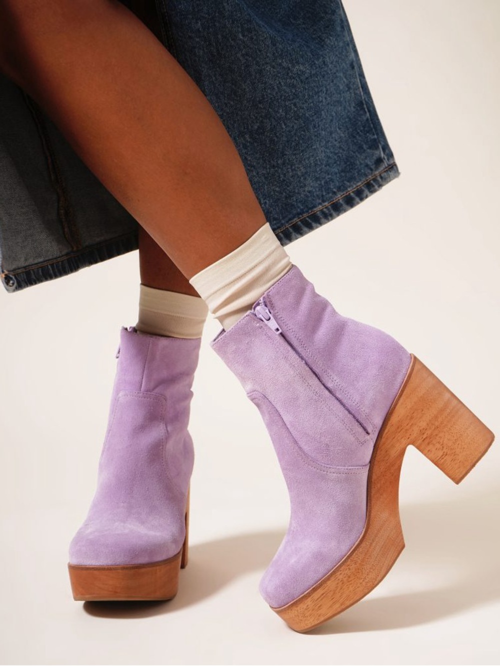 Charlotte Stone Paz Lilac Suede Platform Clog Boots Wood Heel Size 8